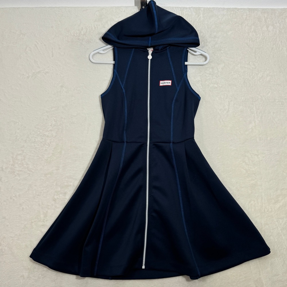 Hunter Dress Womens XS Navy Blue Hooded Full Zip Sleeveless Flare Mini Sporty
